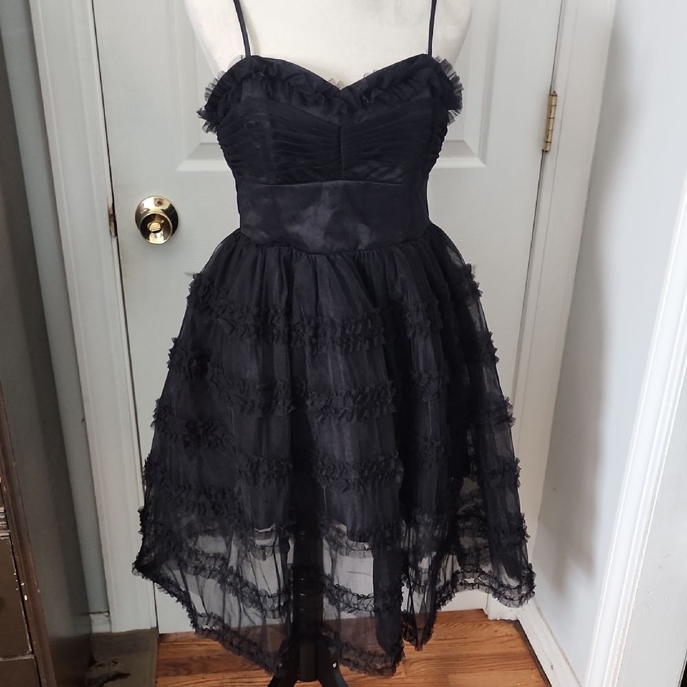 Unique Vintage Black Ruffle Spaghetti Strap Dress